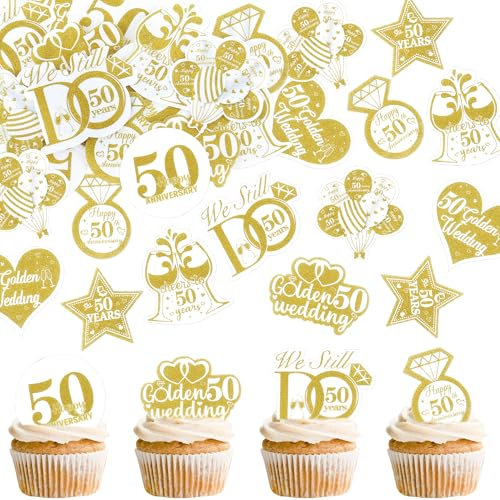 Blumomon 40Pcs Edible 50th Wedding Anniversary Cupcake Toppers Edible Gold 50th Golden Wedding Anniversary Cake Decoration for Celebration Party Supplies