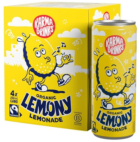 KARMA DRINKS Lemony (250ml x 4 Cans Soft Drink) - Organic, Gluten Free Organic Cola, Natural Ingredients, FairTrade, Vegan Friendly, No GMO, Carbonated Fizzy Drinks 4 Pack