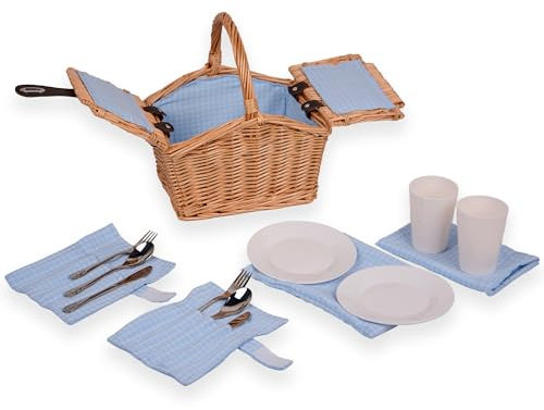 UNUS® Picknickkorb für Kinder rechteckig aus Weide mit Stoffauskleidung blau, Komplettset für 2 Personen mit Besteck, Tellern und Bechern, tragbarer Weidenkorb für Picknick und Ausflüge