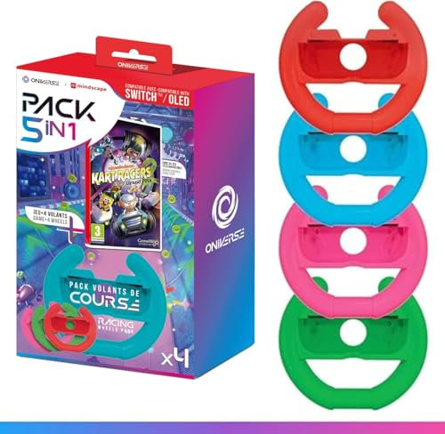 Oniverse Juego Nickelodeon Kart Racers 2: Grand Prix (Código de descarga) + Pack de 4 volantes Joy Con para Nintendo Switch y Switch OLED