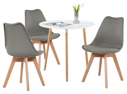 LafeuR Ensemble de salle à manger avec 3 chaises - Table ronde de 80 cm et 3 chaises de salle à manger - Pour salon, bureau, cuisine (table blanche + 3 chaises grises)
