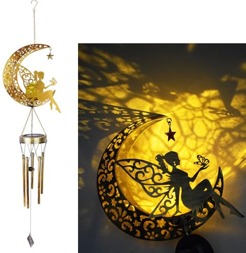 YZYOE Niedliche solarbetriebene Mondblume Fee Windglocke dekoratives Licht, Eisenkunst Fee Windglocke, EIN tragbares LED Outdoor dekoratives Lichtgeschenk für Freunde.