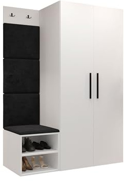 Mirjan24 Garderoben-Set Mapreni IV, Schuhschrank + Kleiderhakenbrett + Kleiderschrank Gepolstertes Paneel/Wandpaneel Kleiderhaken Flurgarderobe Wandgarderobe (Weiß, Manila 18)