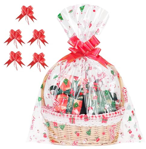 5 Stück Extra Groß Geschenkfolie Transparent Cellophantüten, 60x76cm Weihnachten Zellophantüten mit 5 Zugschleifen Geschenke, Geschenktüten Durchsichtig für Blumen, Geschenkkörbe