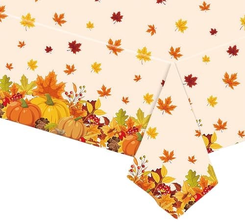 SOPSTUO Autumn Table Cloth, Fall Maple Leaves Pumpkin Table Cover, Disposable Tablecloth for Thanksgiving Day Table Decoration 54×108 Inch