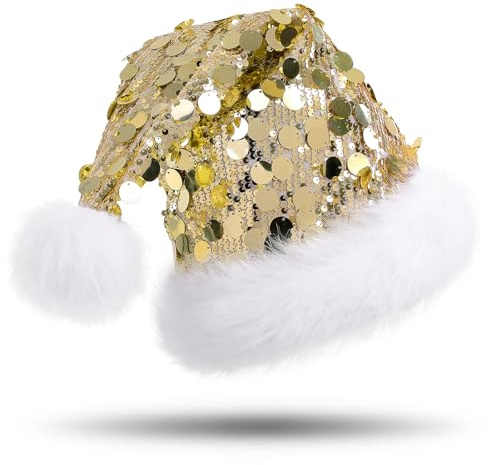 CITÉTOILE Weihnachtsmütze für Erwachsener, Glänzende Nikolausmütze, Warm Plüsch Rand und Pelz Ball Santa, Plüsche MützeWeihnachtshut für Unisex, Gold