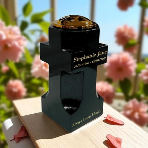 Premium Black Granite Cross-Memorial Vase with Gold Metal Flower Pot Insert – Personalised Engraving Included (Standard)