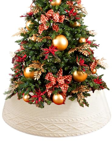 Gestrickte Rustikale Weihnachtsbaum-Ständerabdeckung | Creme Rautenkanten Ring - Für Schlankbaum, Bauernhaus Zuhause & Festtage