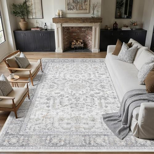 PureCozy Teppich Wohnzimmer 200x300cm Waschbarer Vintage Grau Tepiche for Schlafzimmer kurzflor rutschfest Weich Böhmischen Groß Retro Blau Carpet für Living Room Küchen Esszimmer Bedroom