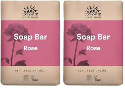 Urtekram Feste Seife Rose – 100 g – Natürliche Körperseife mit Bio-Rosenöl – 99,9% natürliche Inhaltsstoffe – Ohne Palmöl – Für alle Hauttypen – Sanfte Reinigung – Vegan (Packung mit 2)