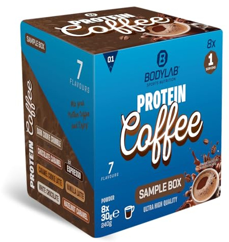 Bodylab24 Protein Coffee, Probierbox, 8 x 30g | Bis zu 20 g Protein pro Portion, ohne Zuckerzusatz, cremiger Protein-Kaffee, hochwertiges Whey Protein