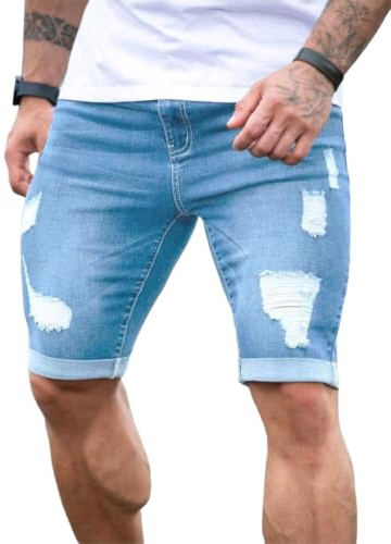 Oanviso Hommes Jeans Shorts à Trou Droit Cassé Skinny Pantacourt en Denim Slim Fit Short Coupe Droite Pantalon Court en Jean Déchiré Hip-Hop Streetwear