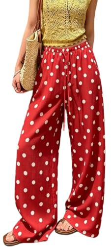 Generisch Damen Hosen Gerade Locker Elastische Weite Beinhose mit Polka-Dots Lange Damenhose lässig Retro Niedlich Lockere Modisch Weites Bein Hose mit Tasche Rot L