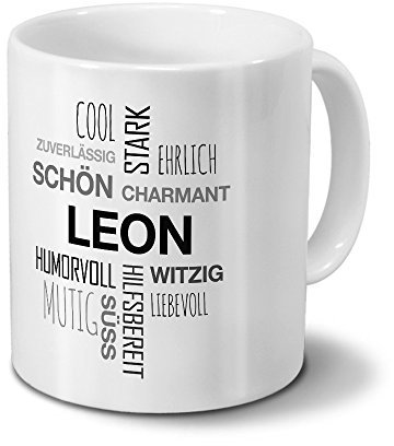 printplanet Tasse mit Namen Leon Positive Eigenschaften Tagcloud - Schwarz - Namenstasse, Kaffeebecher, Mug, Becher, Kaffeetasse