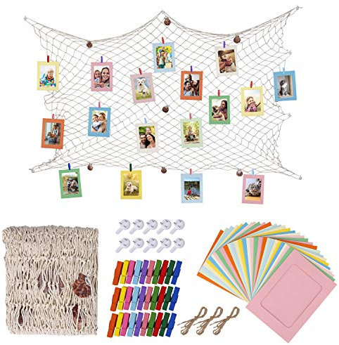 HONGXIN-SHOP Fotorahmen aus Papier Wanddeko DIY Kreative Bilderrahmen Foto hängende Anzeige Foto mit Mini Holzklammern Hanfseil und Fischernetz 30 Stück 10 Farben