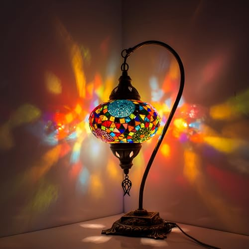 ENVA Lampe de table en mosaïque turque, superbe style marocain, abat-jour globe unique, série col de cygne (courageux)