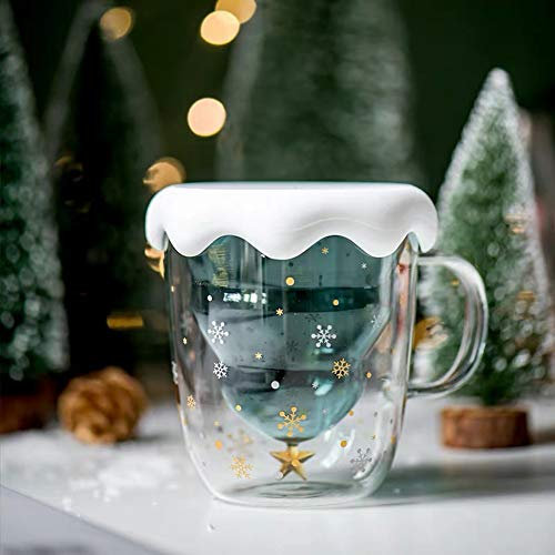 Rain House Tasses à café amusantes de Noël, 295 ml, vaisselle en verre à double paroi avec couvercle et poignée, verrerie arbre flocon de neige pour thé, lait, boisson, jus, eau, 300 ml (avec