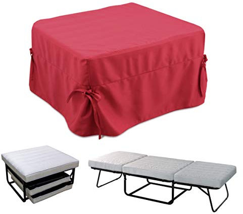Dmora In ein Bett umwandelbarer Pouf, aus gepolstertem Stoff, inklusive Netz und Matratze, cm 75x75h42 cm, Farbe Rot