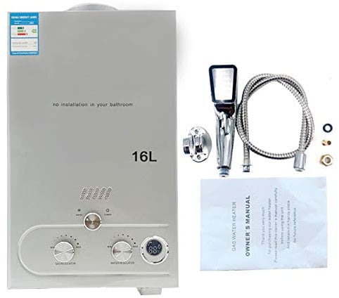 Cozyel Tragbarer Gas Durchlauferhitzer 16L 32KW Propangas Campingdusche für Dusche im Außenbereich Dusche Bad Warmwasser Camping Dusche LPG Warmwasserbereiter Tankless Instant,Silber