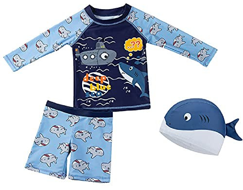 JUIYNIZT Kinder Bademode Jungen Schnell Trocknend Badeanzug UV Schützend Schwimmanzug mit Sonnenhut (Dunkelblau, 116-122cm)