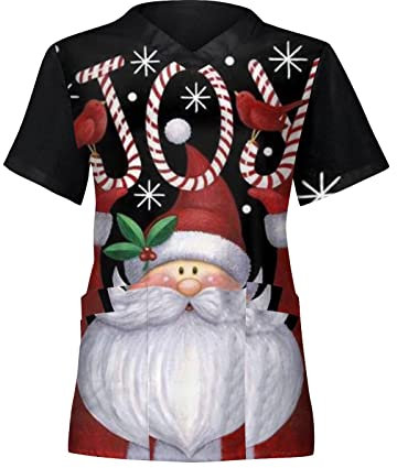 Damen Weihnachten Motiv Bunt Pflege Kasack Kurzarm V-Neck Krankenhaus Schlupfhemd Berufsbekleidung Atmungsaktiv Krankenpfleger Kasack Pflege Bluse Arzt Uniform Krankenschwester Kleidung Mit Taschen