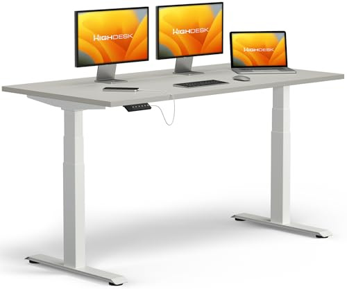 KRIEG HighDesk PRO Höhenverstellbarer Schreibtisch 160 x 80 cm I Weiß + Grau - Elektrischer Sitz- & Stehtisch mit Tischplatte - Stehschreibtisch Elektrisch Höhenverstellbar