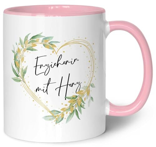 Bedruckte Tasse mit Spruch - Erzieherin mit Herz - Herzliche Geschenke - Geschenk für Erzieherinen zum Kindergarten Abschied - Geschenk als Dankeschön für Sie Frauen - Farbe: Rosa