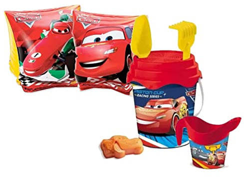 Braccioli e Secchiello con accessori mare per bambini giochi spiaggia piscina divertimento bimbi personaggio a scelta set n 23 (Cars)