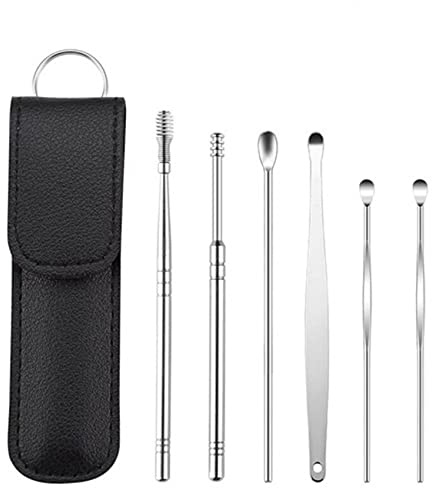 Ear Wax Remover Kit - 6 Pcs Premium Stainless Steel Ear Wax Removal Kit Ear Curette Ear Cleaner Tools for Children and Adults Earwax Removal Kit Cleaning Kit with Portable Bag (Black)