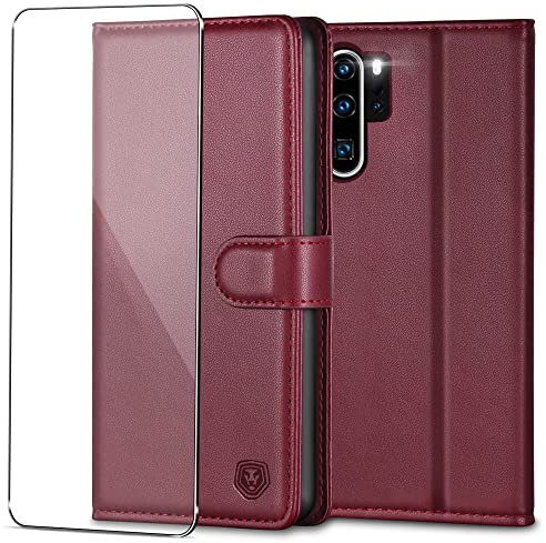 Handyhülle für Huawei P30 Pro Hülle mit Schutzfolie Premium PU Leder P30 Pro Klapphülle Case Brieftasche Kartenfach Ständer Magnet Etui Handytasche Cover Schutzhülle für Huawei P30 Pro - Weinrot