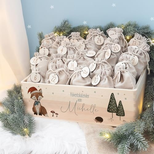 Personalisierte Adventskiste - Adventskalender 2024 Kinder aus Holz mit Namen - Aquarell Druck Kalender DIY - Weihnachtskalender für Kinder - hello mini (Fuchs Druck)