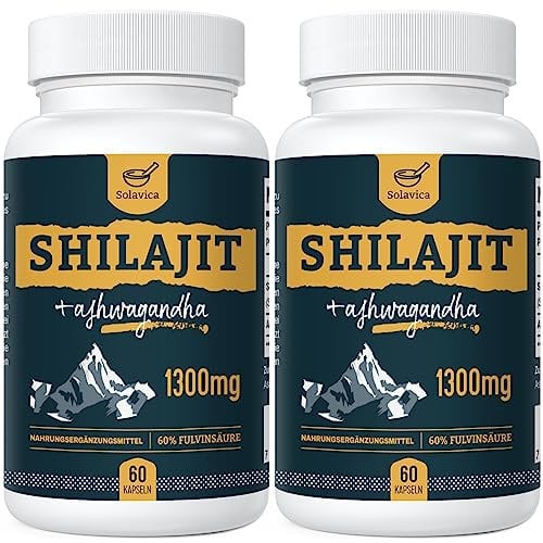 Shilajit Kapseln 1300mg Tagesdosis mit Ashwagandha-Wurzel-Extrakt, 60% Fulvosäure, Reines Hochdosiertes Kapseln (2er Pack)