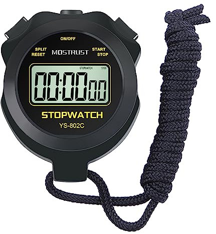 MOSTRUST Digital Simple Stopwatch, Single Lap/Split Basic Stopwatch, No Clock No Alarm No Calendar with Lanyard for Swimming Running Sports Training Coaches (Black) (802C)