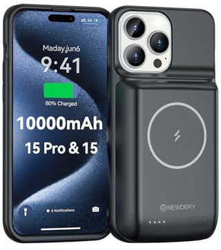 NEWDERY Estuche de batería para iPhone 15 Pro & 15 10000mAh Estuche de Carga inalámbrica Qi magnético USB C, Estuche de Cargador extendido Recargable portátil Paquete de batería - Negro