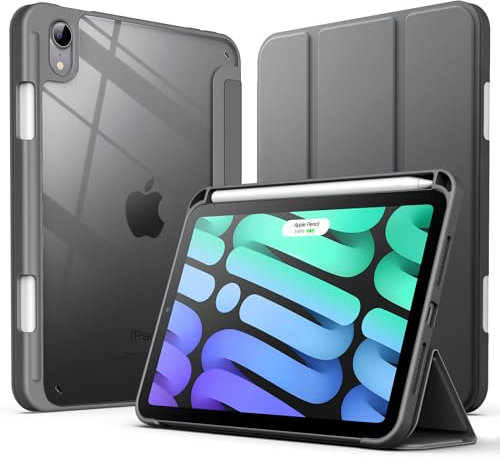 JETech Custodia per iPad mini (A17 Pro, Modello 2024, 7a Generazione) / mini 6 (Modello 2021, 6a Generazione) con Portapenne, Posteriore Chiaro Supporto Cover per Tablet Antiurto (Grigio Siderale)