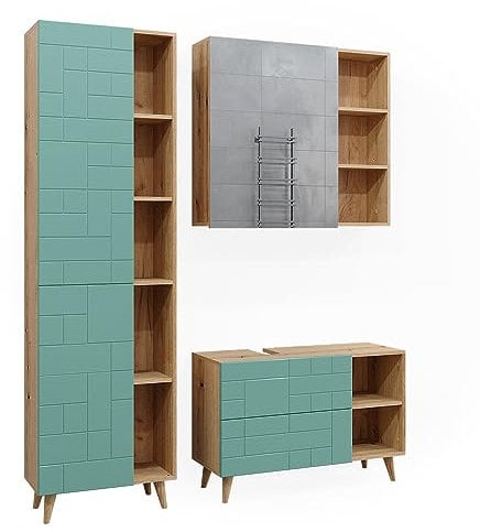 Vicco Badmöbel-Set Rudi, Badezimmerschrank-Set, Mintgrün/Eiche, 3 Teile, mit Hochschrank