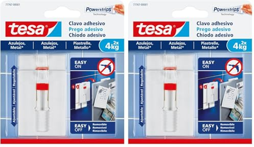 Tesa Chiodo Adesivo per Quadri - Piastrelle e Metallo - Altezza Regolabile - Autoadesivo - per Telai - Forza Fino a 4 kg - Non Lascia Tracce (Confezione da 2)