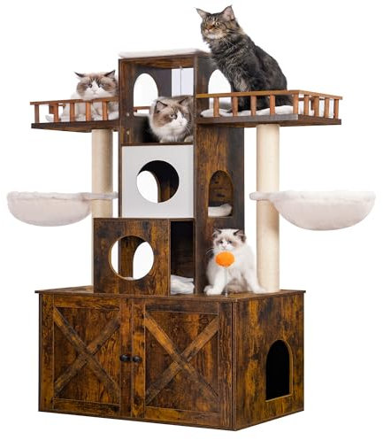 Heybly Cat Tree with Litter Box Enclosure for Indoor Big Cat, Cat Tower for Large Cats 20lbs Heavy Duty, Modern Cat Condo Furniture with Scratching Posts, Rustic Brown HCT110SR