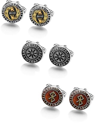 PiercingJak 3 Pairs Mens Viking Cufflinks Metal Nordic Viking Wolves Compass Warrior Amulet Cufflinks Norse Scandinavian Vikings Jewelry Groom Wedding Father's Day Gifts