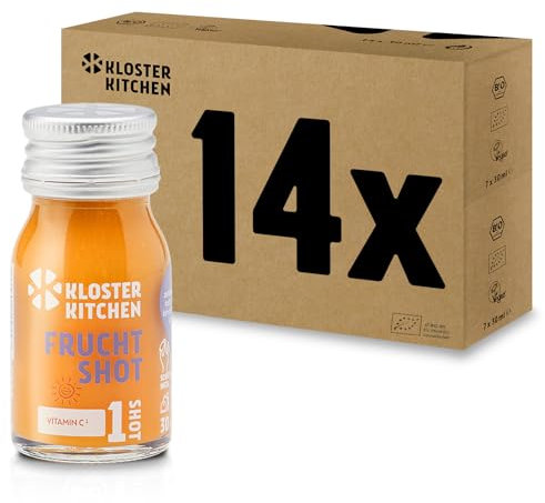Kloster Kitchen Bio Ingwer Shot Frucht 1SHOT 14 x 30 ml mit echten Ingwerstückchen I Ingwershot vegan in der To Go Glasflasche I fruchtig-mild ohne Zusatzstoffe & mit natürlicher Süße