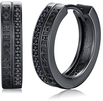 Wikinger Creolen Schwarze Ohrringe für Herren Damen 925 Sterling Silber Wikinger Sleeper Huggie Nordische Runen Ohrringe Punk für Männer Frauen