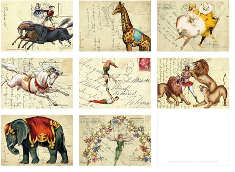 Kartenkaufrausch Vintage Postkarten Set mit italienischen Zirkus Motiven, 8 Motive Rückseite weiß - auch schön als Geschenk Anhänger, einfach lochen fertig