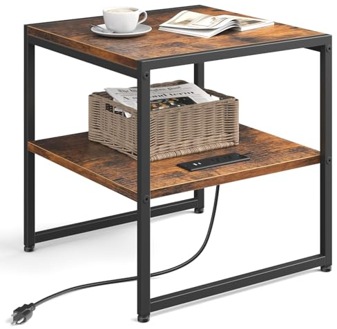 Tatub 20IN End Table with Charging Station, Rustic Brown Square Side Table with USB Ports & Outlets, Versatile Mini Fridge Table Printer Stand Nightstand for Bedroom Living Room