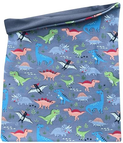 Wollhuhn Kinder Long Loop MAXI Halswärmer/Schlupf-Schal Extra Lang Jungen/Mädchen Viele Motive 20240201 (Baumwolljersey, Dinos Grau/Bunt)