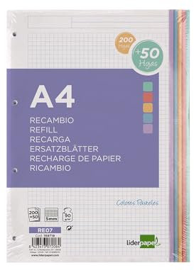 LIDERPAPEL Bloc de rechange A4 200 + 50 feuilles 90 g/m² carré 5 mm avec marge 4 trous bandes de 5 couleurs pastel