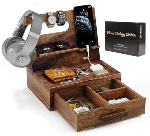 Semiochome Birthday Gifts for Men Who Have Everything Dad Gifts from Daughter or Son Gift Ideas for Father Husband Boyfriend Walnut Wood Phone Docking Station with Drawer Bedside Table Desk Organiser
