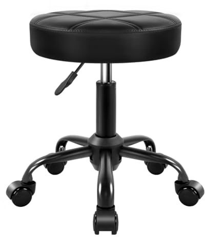 KKTONER Tabouret Roulants Hauteur Réglable 50-65 cm Noir | tabouret de bureau en Cuir PU Siège Rond avec roulettes tabouret de travail cuir pu hauteur réglable