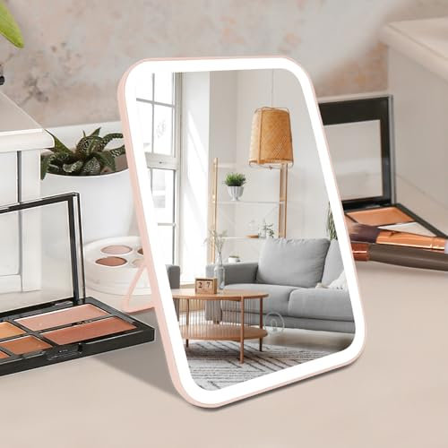 OWill Espejo de tocador con luces, LED sensor táctil de atenuación de 3 velocidades, rotación de 100°, portátil recargable para baño, dormitorio, viajes
