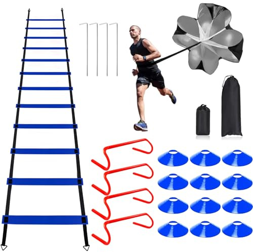 YEXEXINM Professional Agility Ladder Speed Training Equipment Set-20ft Agility Ladder,12 Soccer Cones, 4 Agility Hurdles, Running Parachute, Suitable for Soccer Football Basketball Training