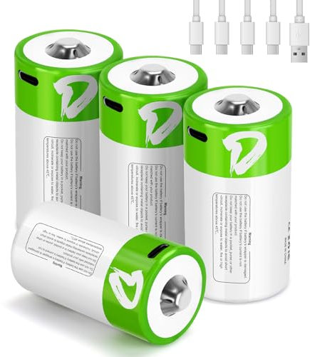 Confezione da 4 batterie ricaricabili D con cavo di ricarica USB-C 4 in 1, LR20 1,5 V, batteria agli ioni di litio D-Size 7000 mWh per torce, torce, telecomandi, radio, ventole,